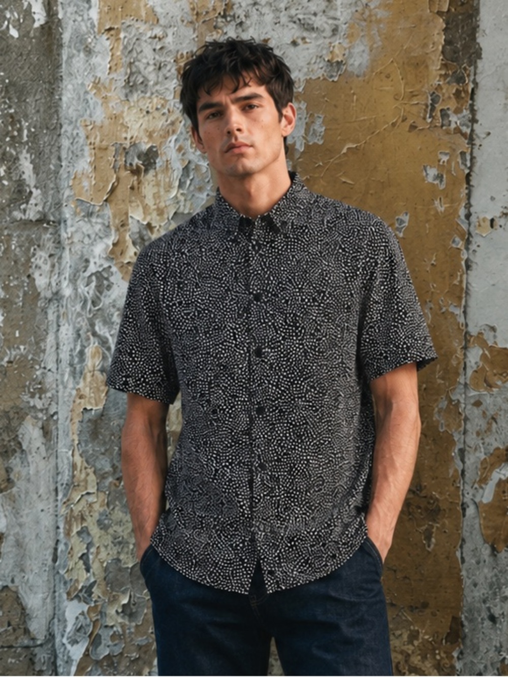 Topman Micro Dot Pattern Print Button Down Shirt in Black and White, Size L